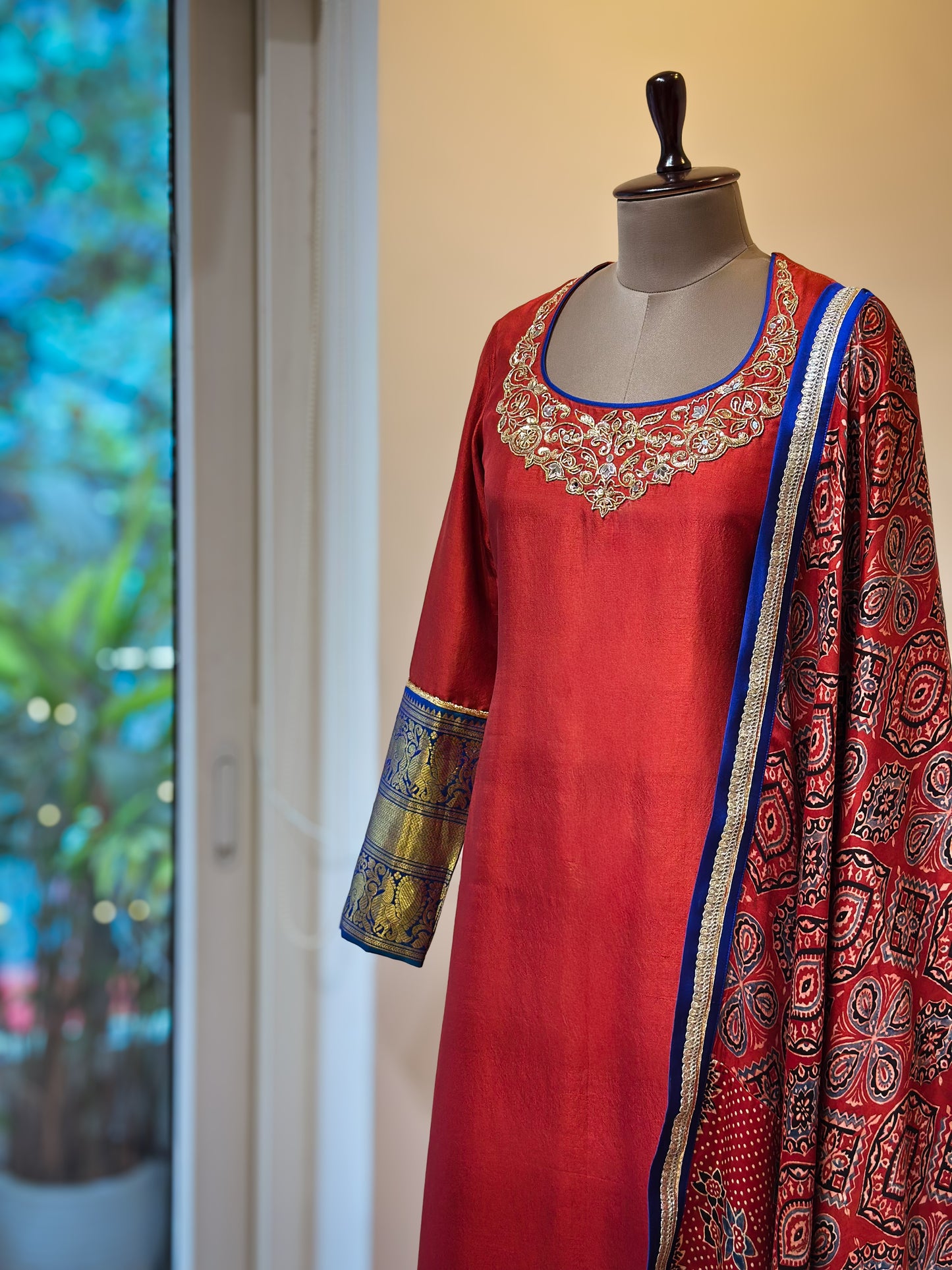 Red Ajrakh detailed Kanchi Set