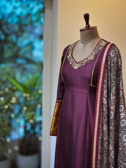 Brown Ajrakh detailed Kanchi Set