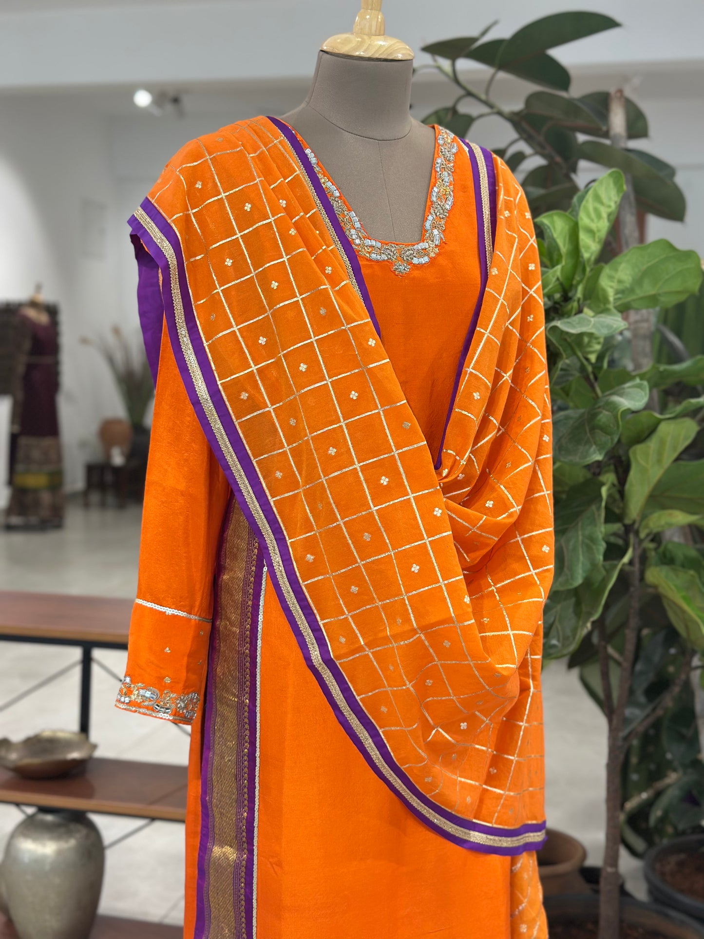Orange Kanchi Suit with Butta Checkered Dupatta