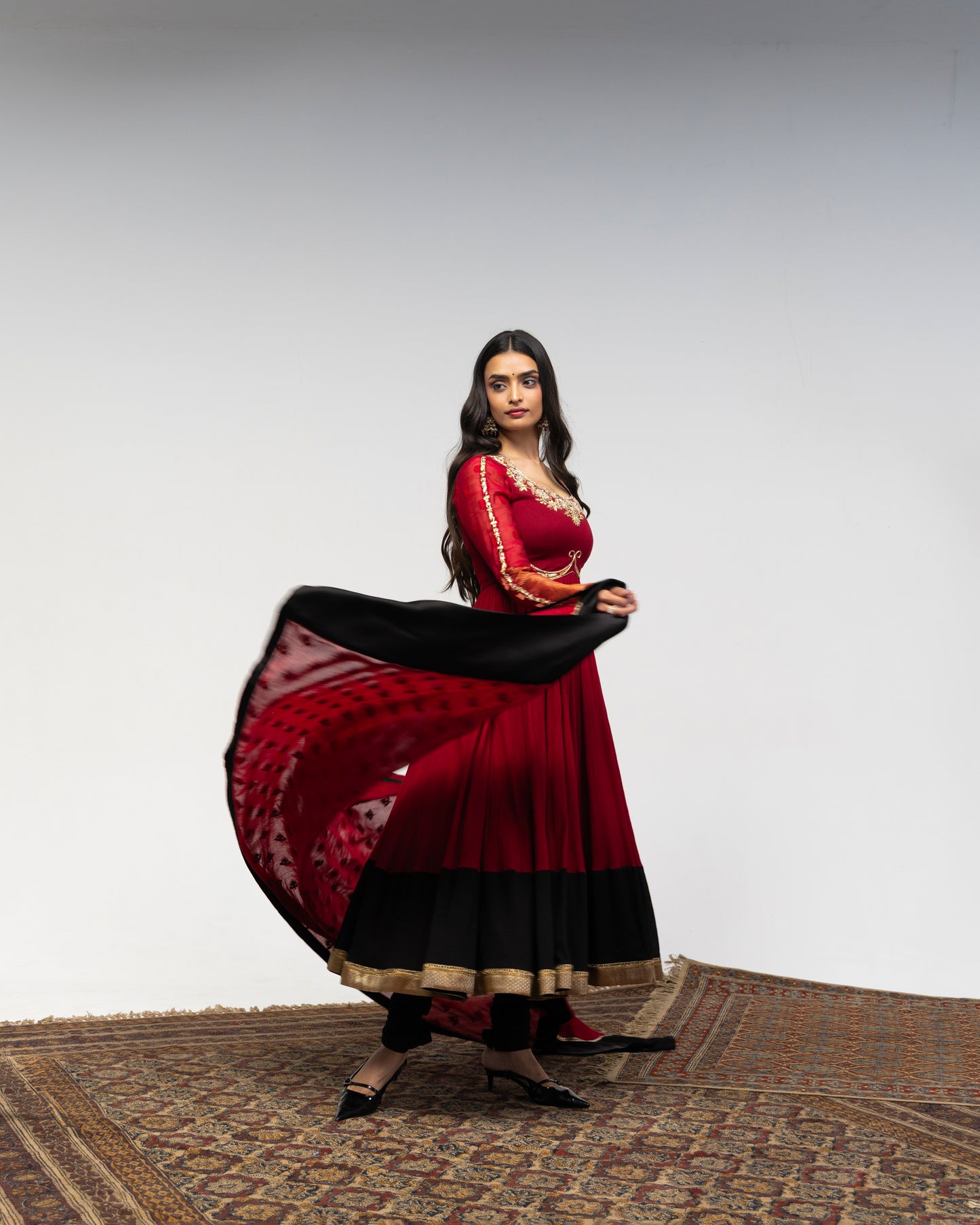 Roots Red with Black Border Anarkali Set