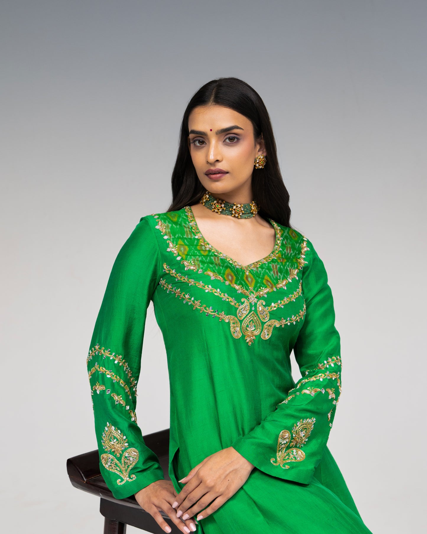 Roots Green Ikkat Silk Suit Set
