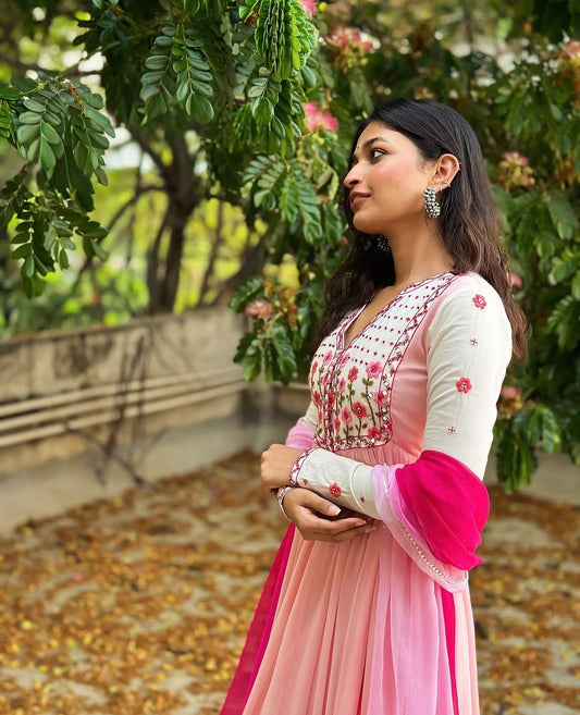 Peach Pink Floral Embroidered Anarkali