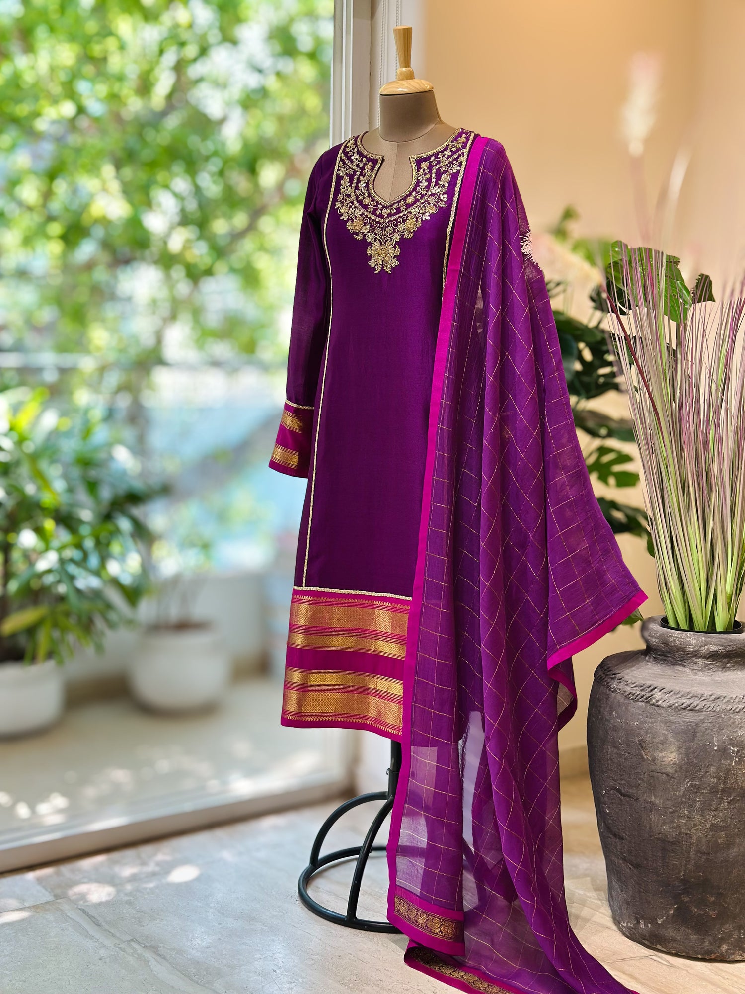 Silk suit with chanderi