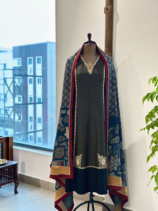 Black Panelled Kanchi Kurta with Ajrakh