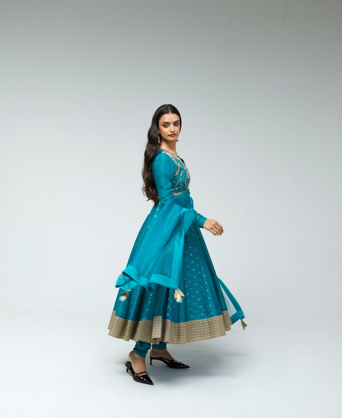 Roots Blue Brocade Kalidar Anarkali Set