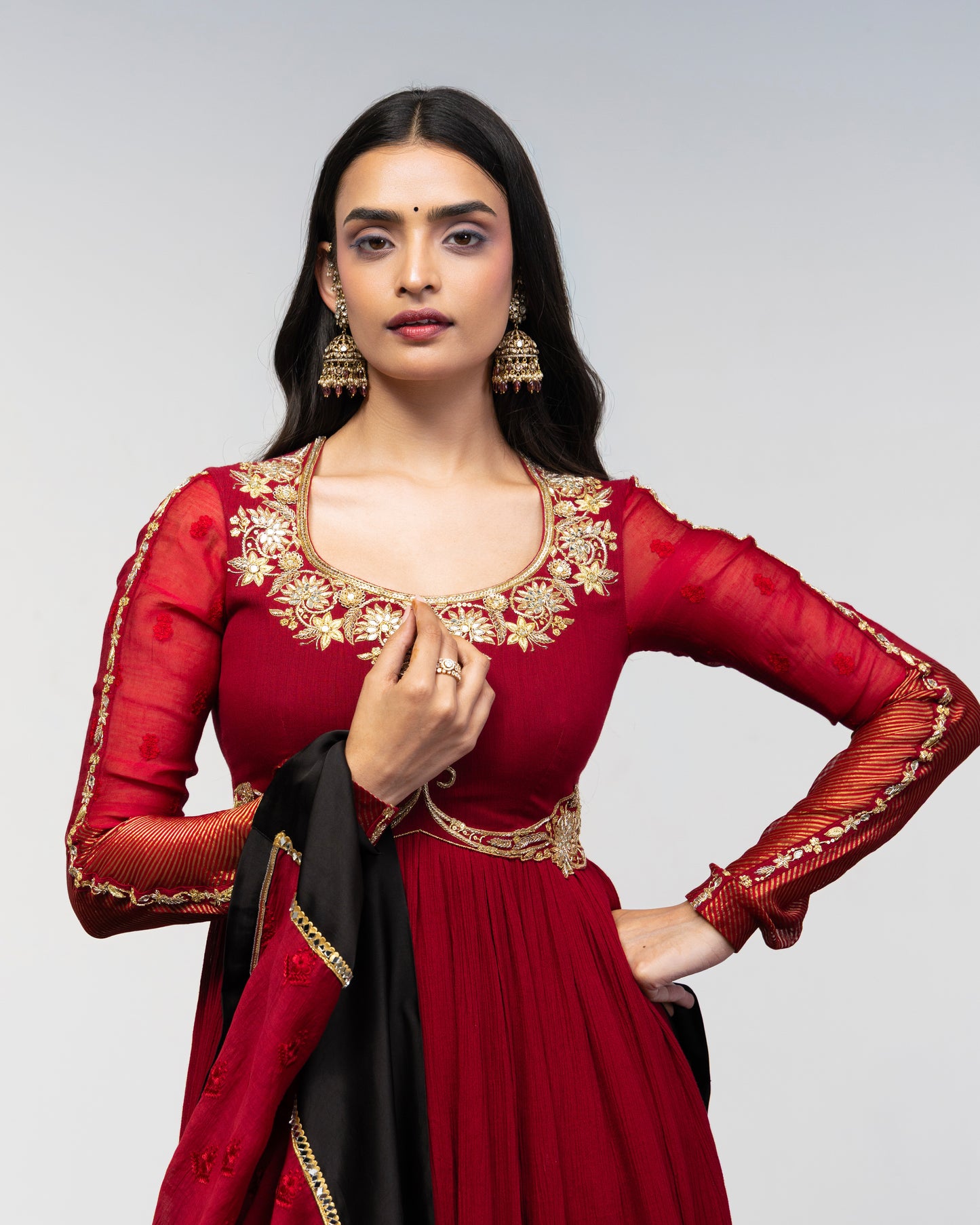 Roots Red with Black Border Anarkali Set