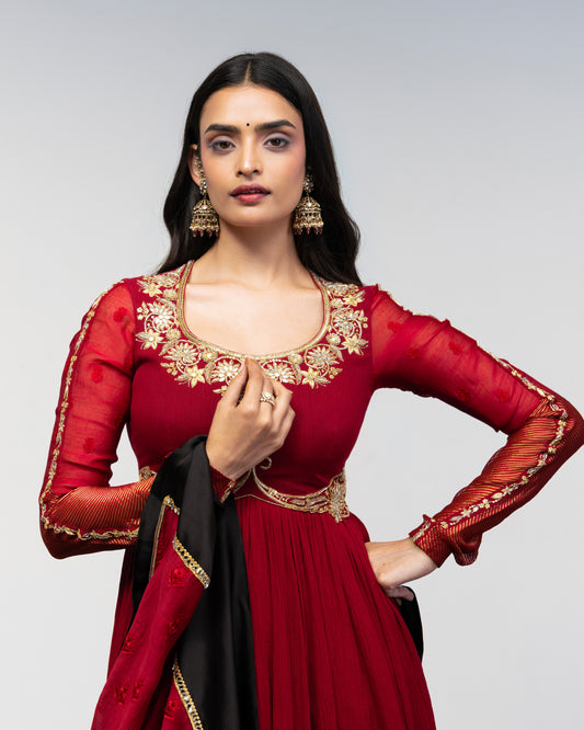 Roots Red with Black Border Anarkali Set