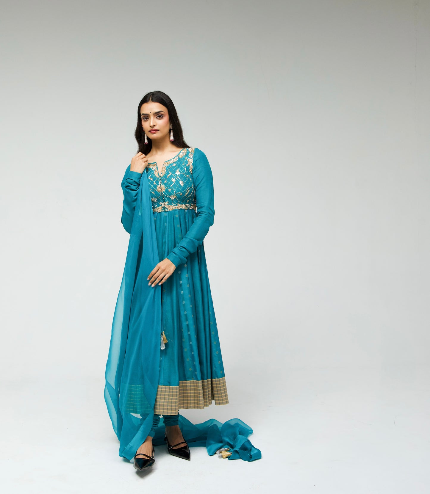 Roots Blue Brocade Kalidar Anarkali Set
