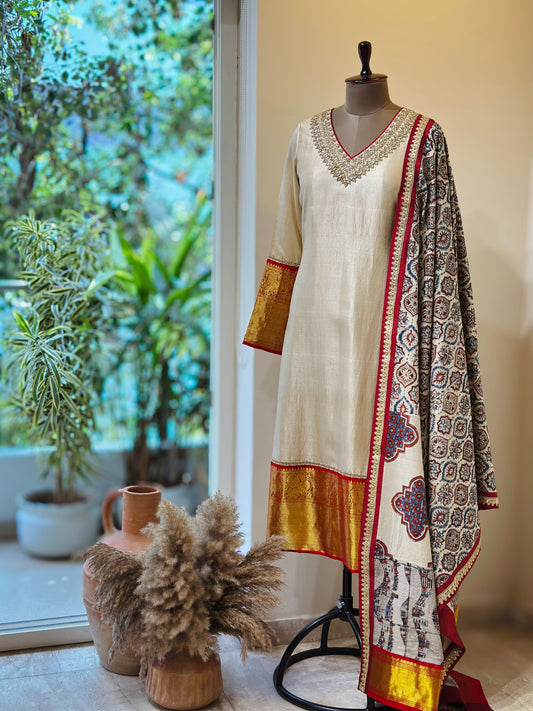 Gold Beige Ajrakh detailed Kanchi Set