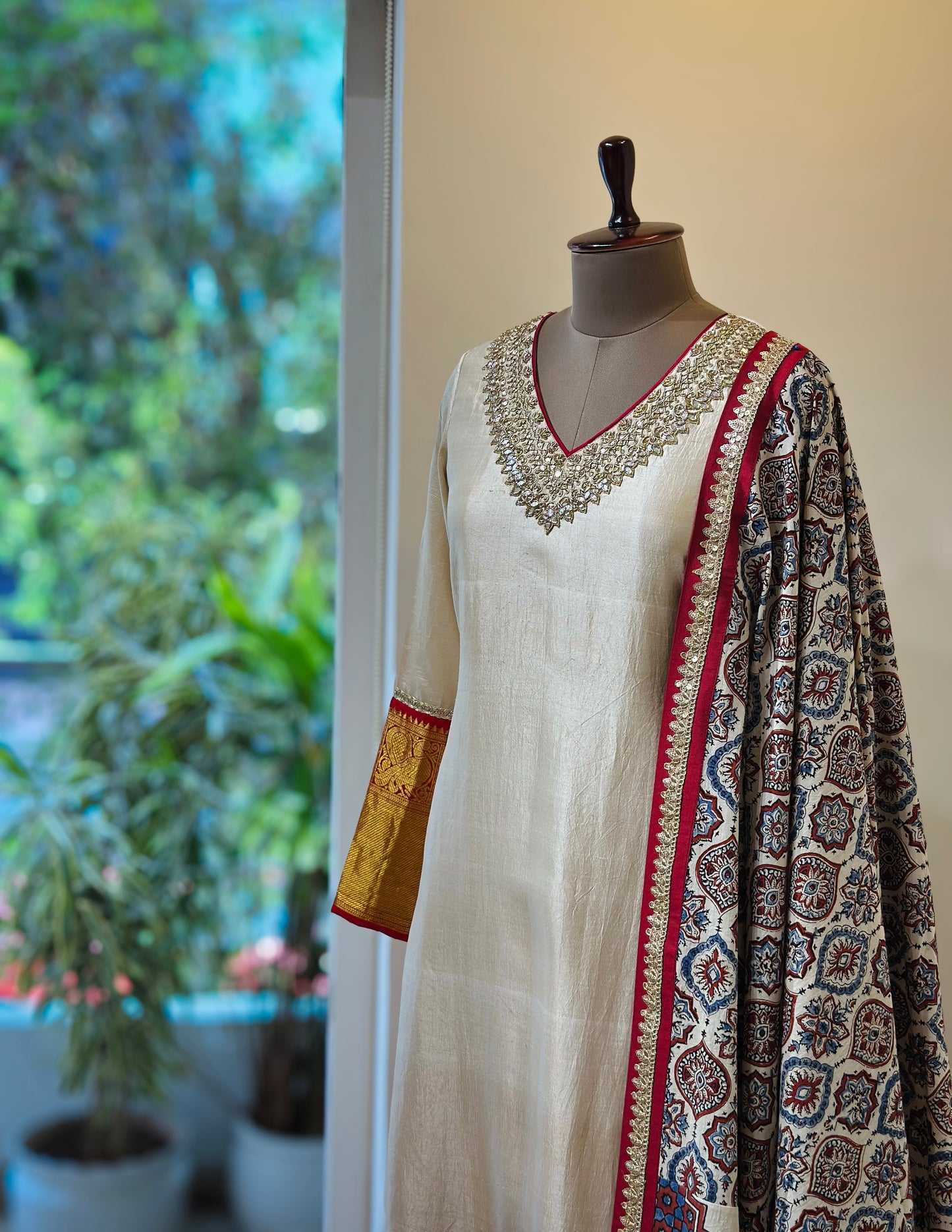 Gold Beige Ajrakh detailed Kanchi Set