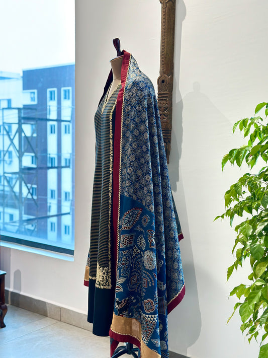 Black Panelled Kanchi Kurta with Ajrakh