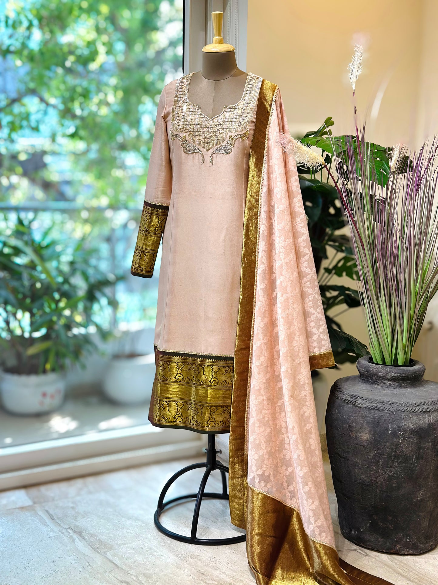 Pastel Nude Textured Chanderi detailed Kanchi Set