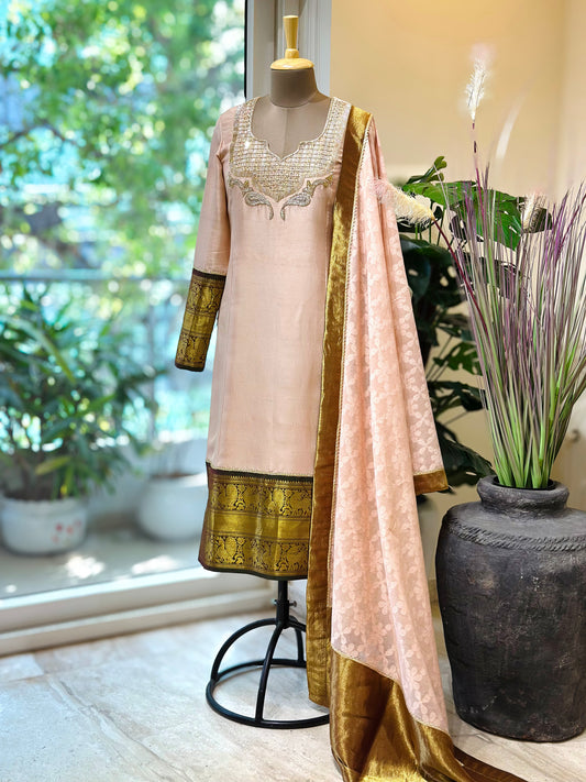Pastel Nude Textured Chanderi detailed Kanchi Set
