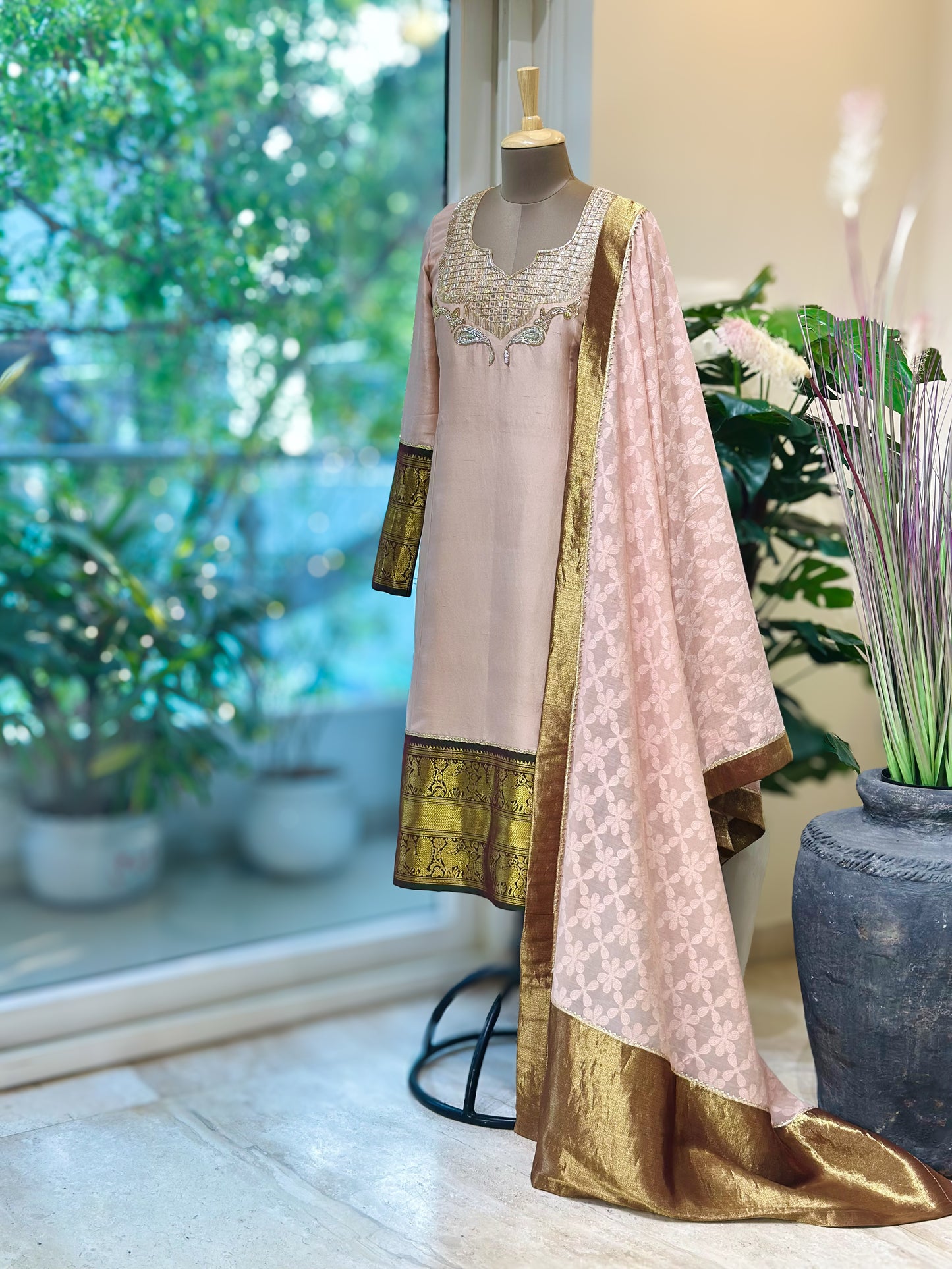 Pastel Nude Textured Chanderi detailed Kanchi Set