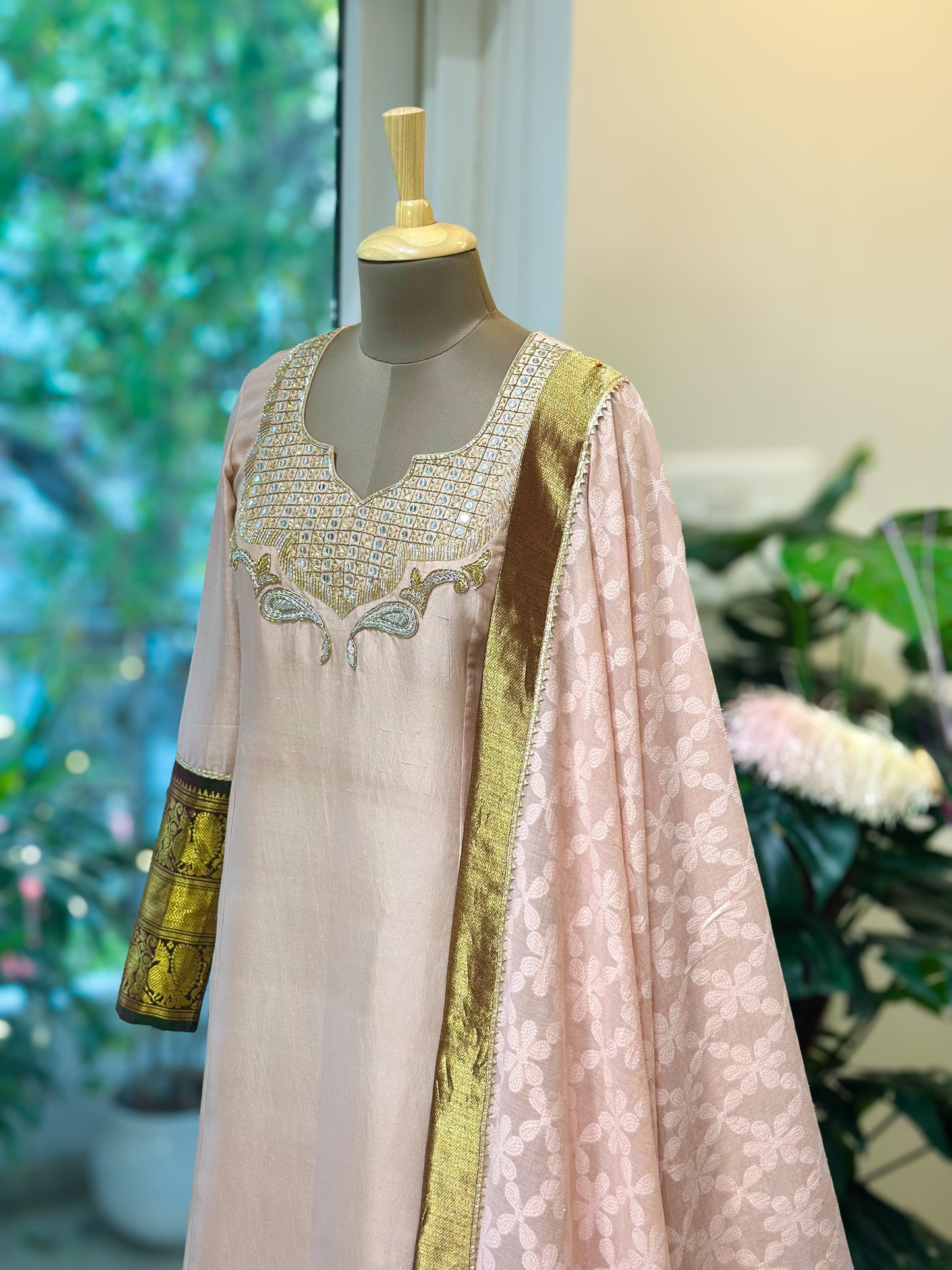 Pastel Nude Textured Chanderi detailed Kanchi Set