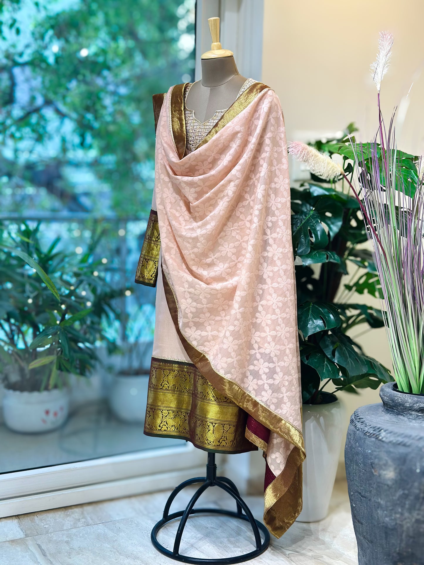 Pastel Nude Textured Chanderi detailed Kanchi Set