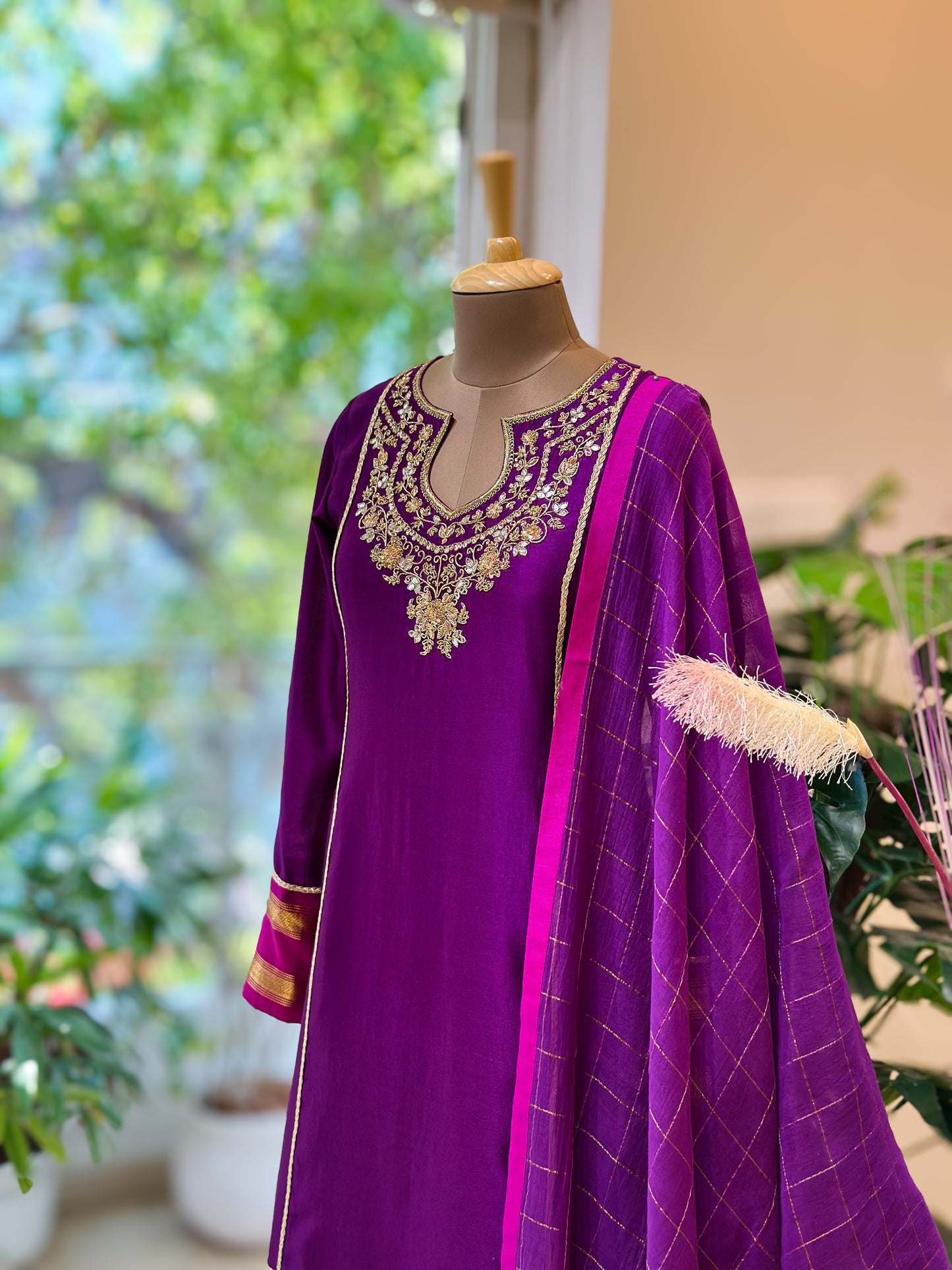 Purple Chettinadu Checks detailed Kanchi Set