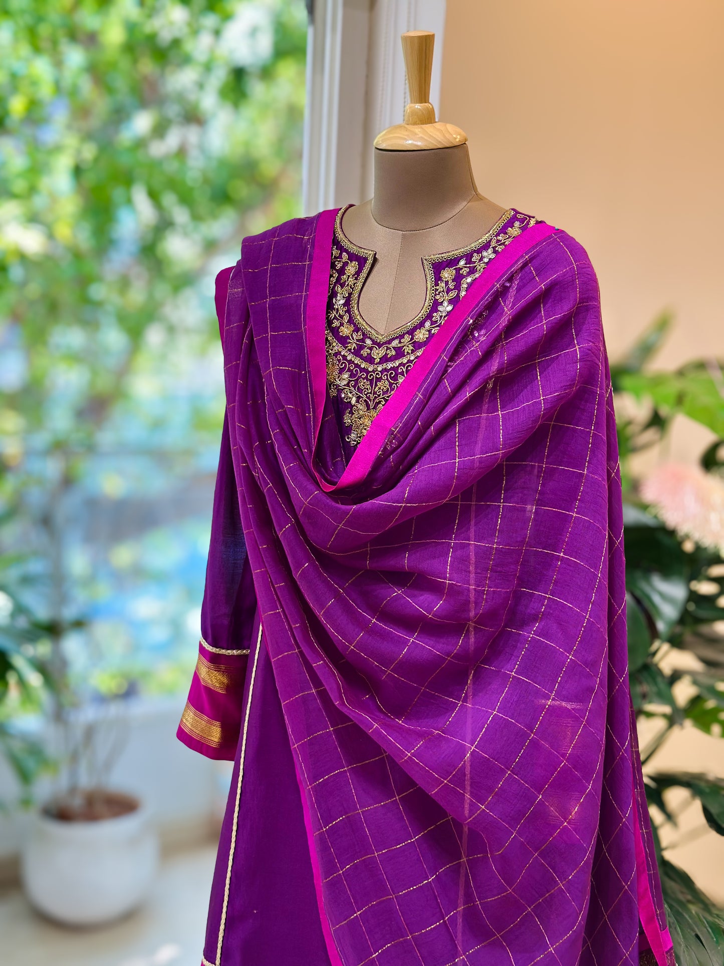 Purple Chettinadu Checks detailed Kanchi Set