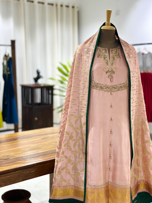 Peach Kanchi Kurta with Handwoven Silk Dupatta