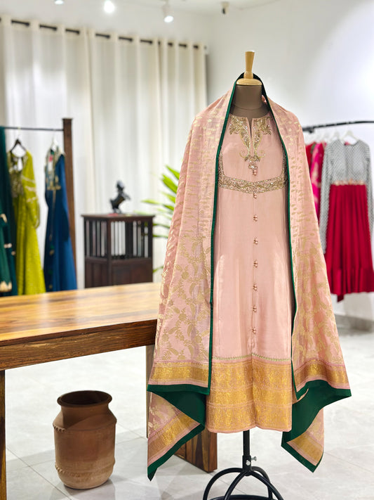 Peach Kanchi Kurta with Handwoven Silk Dupatta