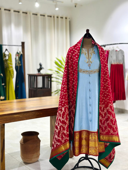 Powder Blue Kanchi Kurta with Handwoven Silk Dupatta