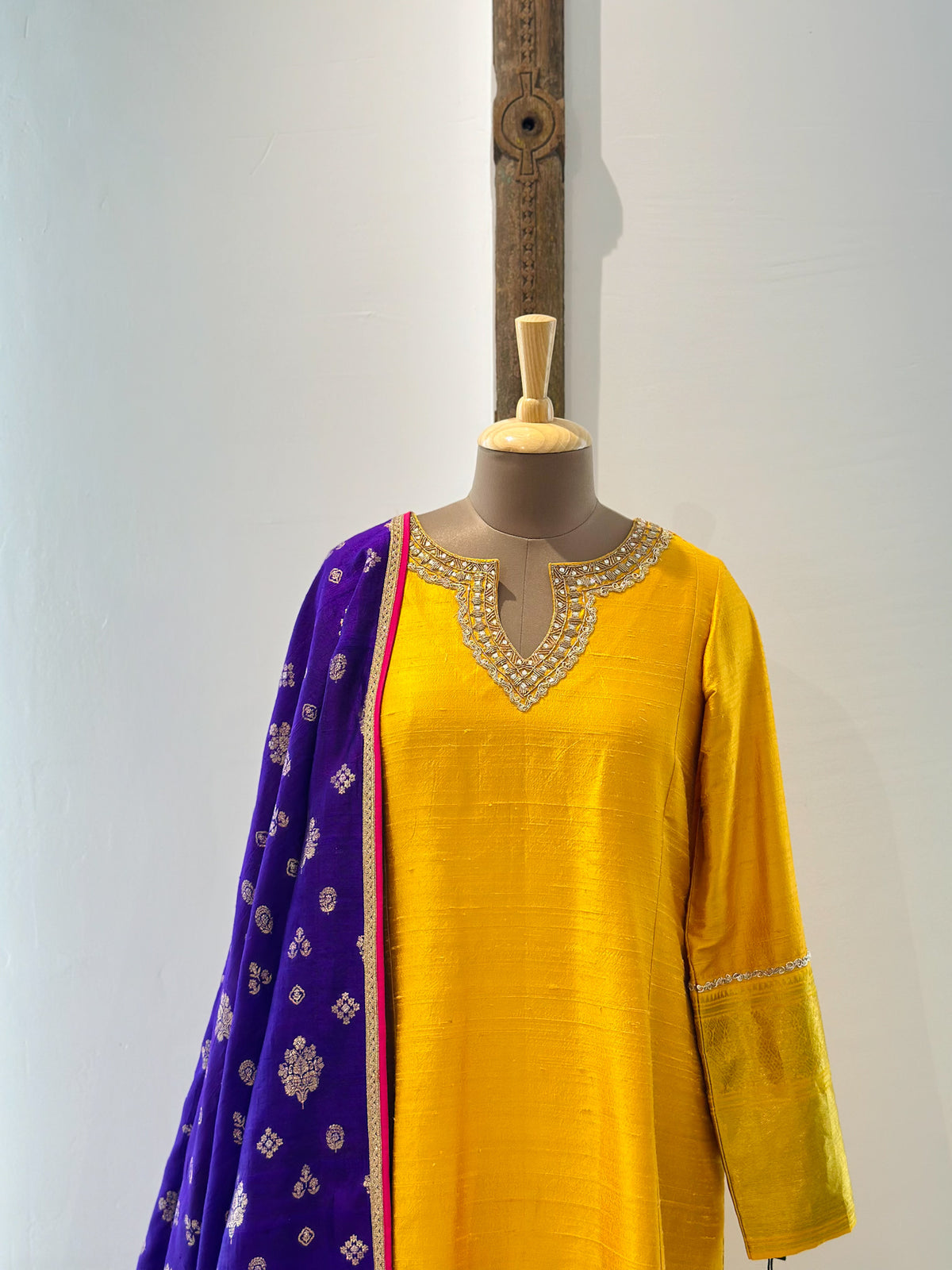 Yellow Raw Silk Kurta with Handwoven Silk Dupatta