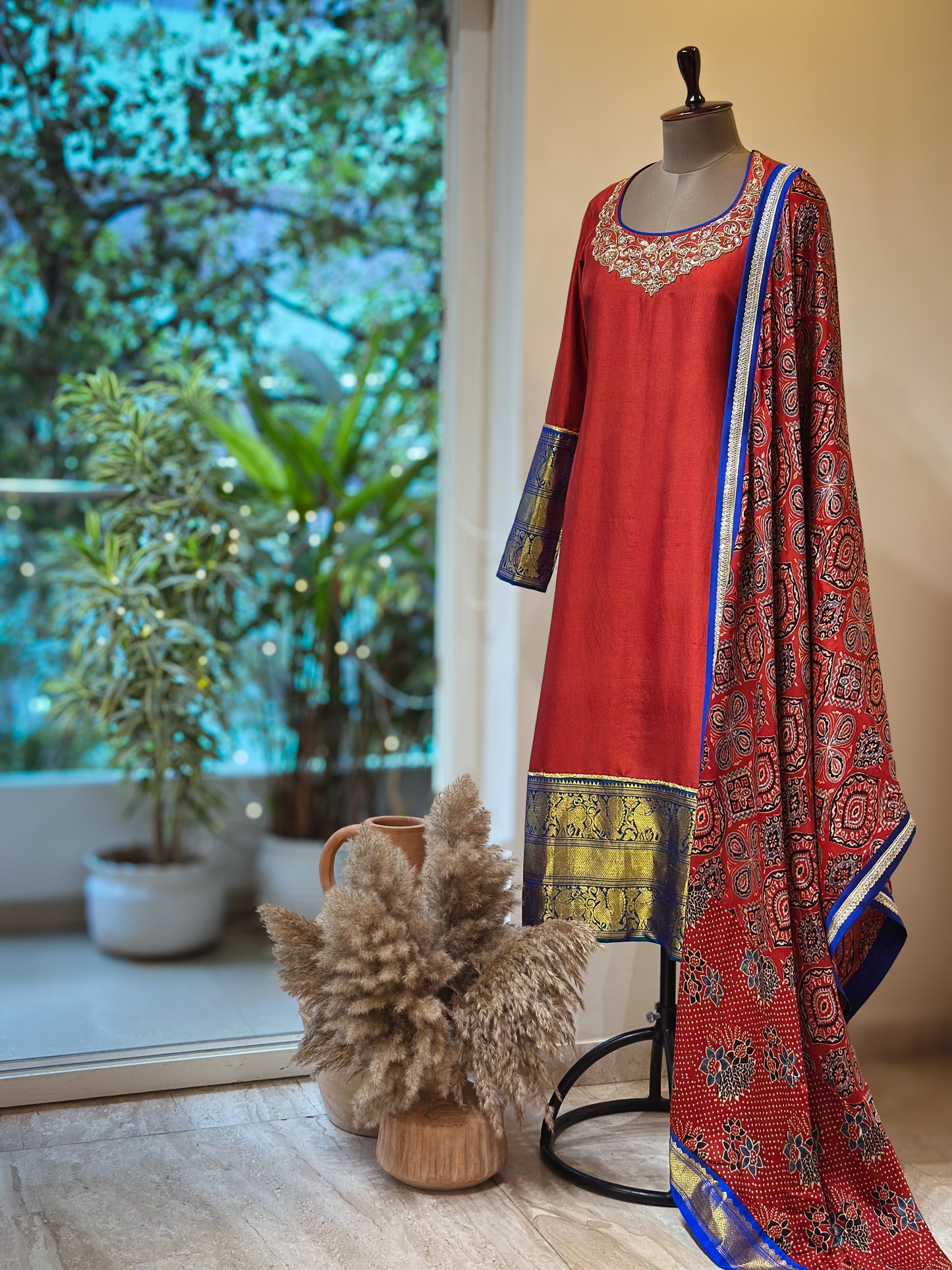 Red Ajrakh detailed Kanchi Set