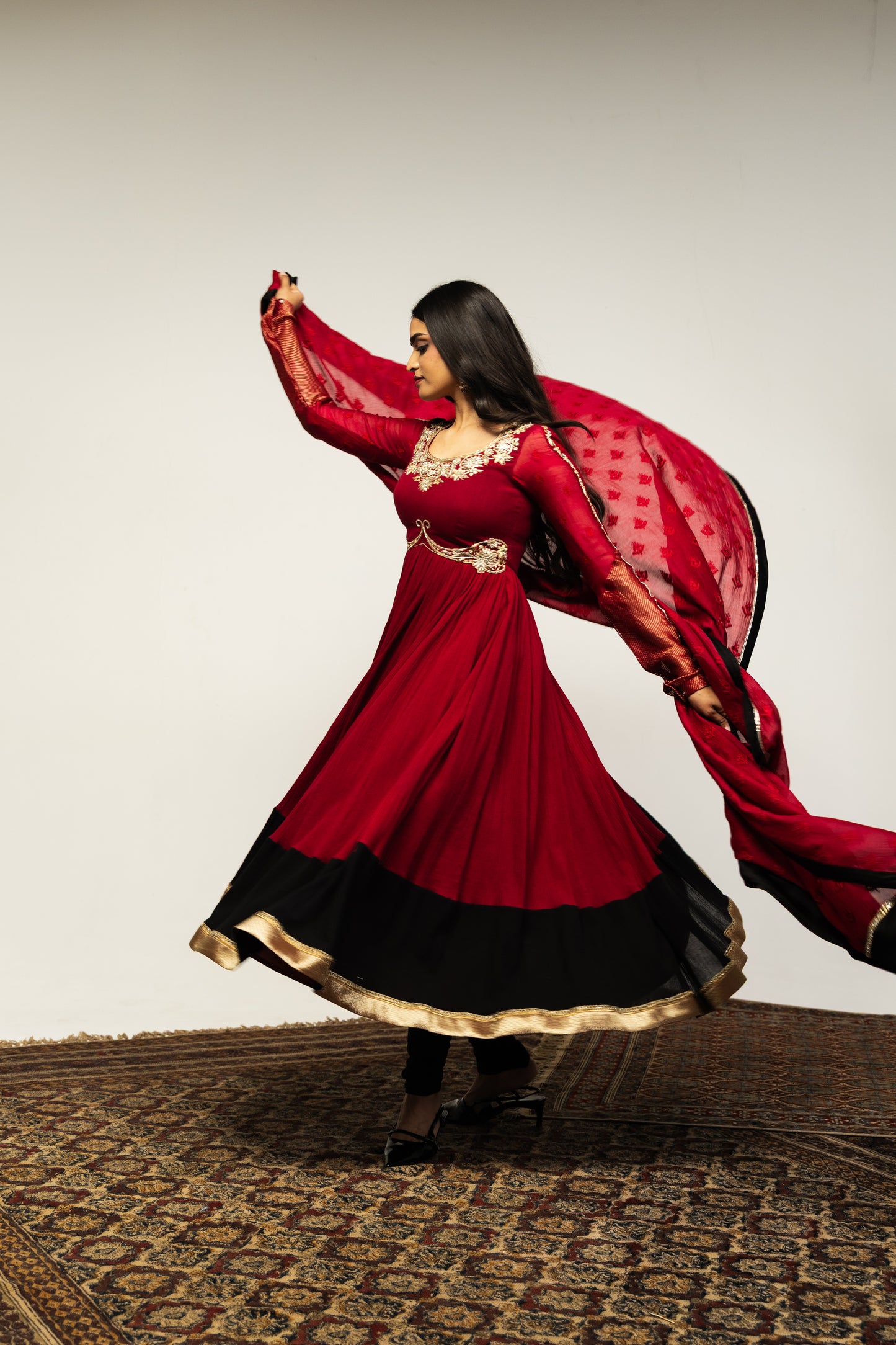 Roots Red with Black Border Anarkali Set