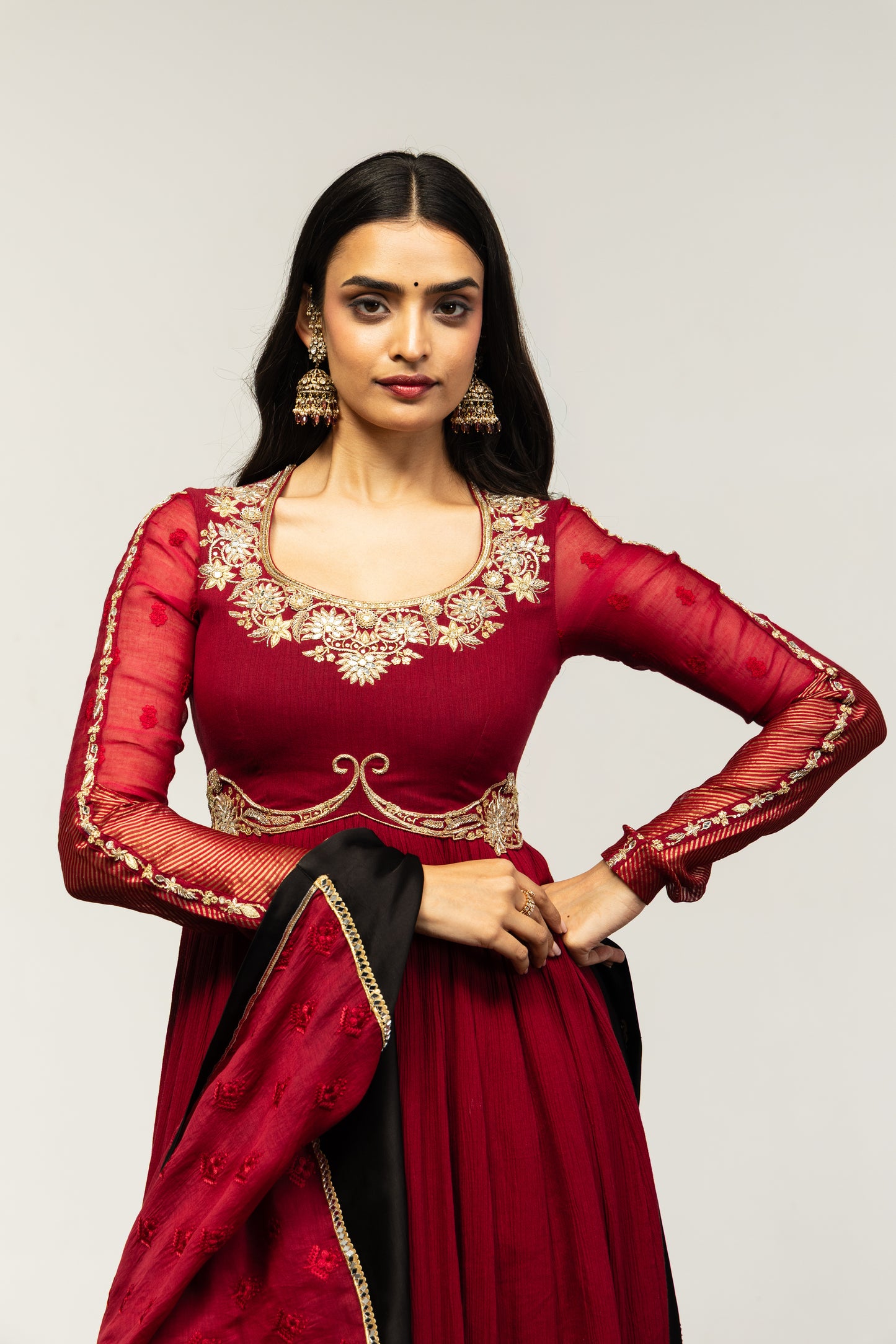 Roots Red with Black Border Anarkali Set