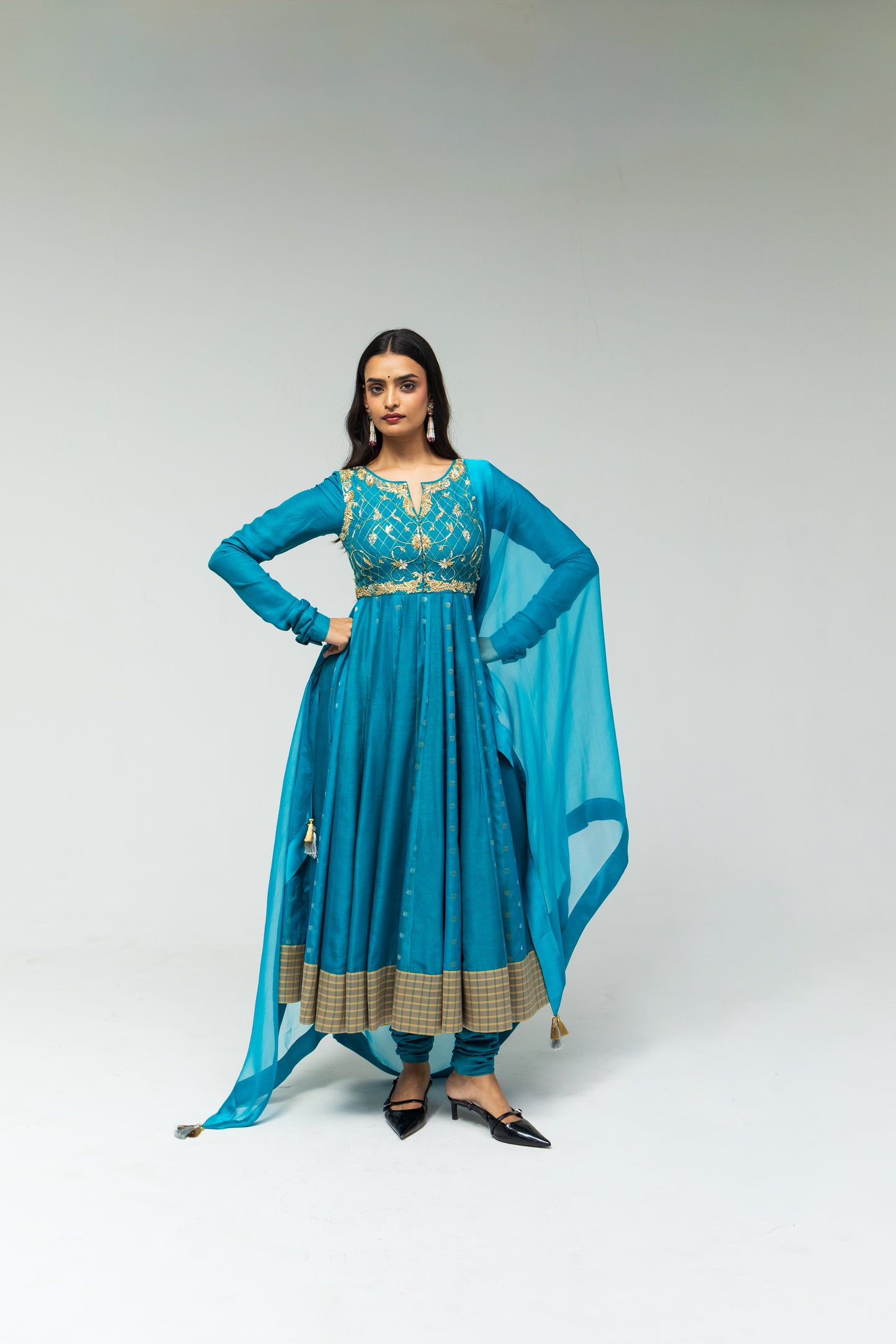 Roots Blue Brocade Kalidar Anarkali Set