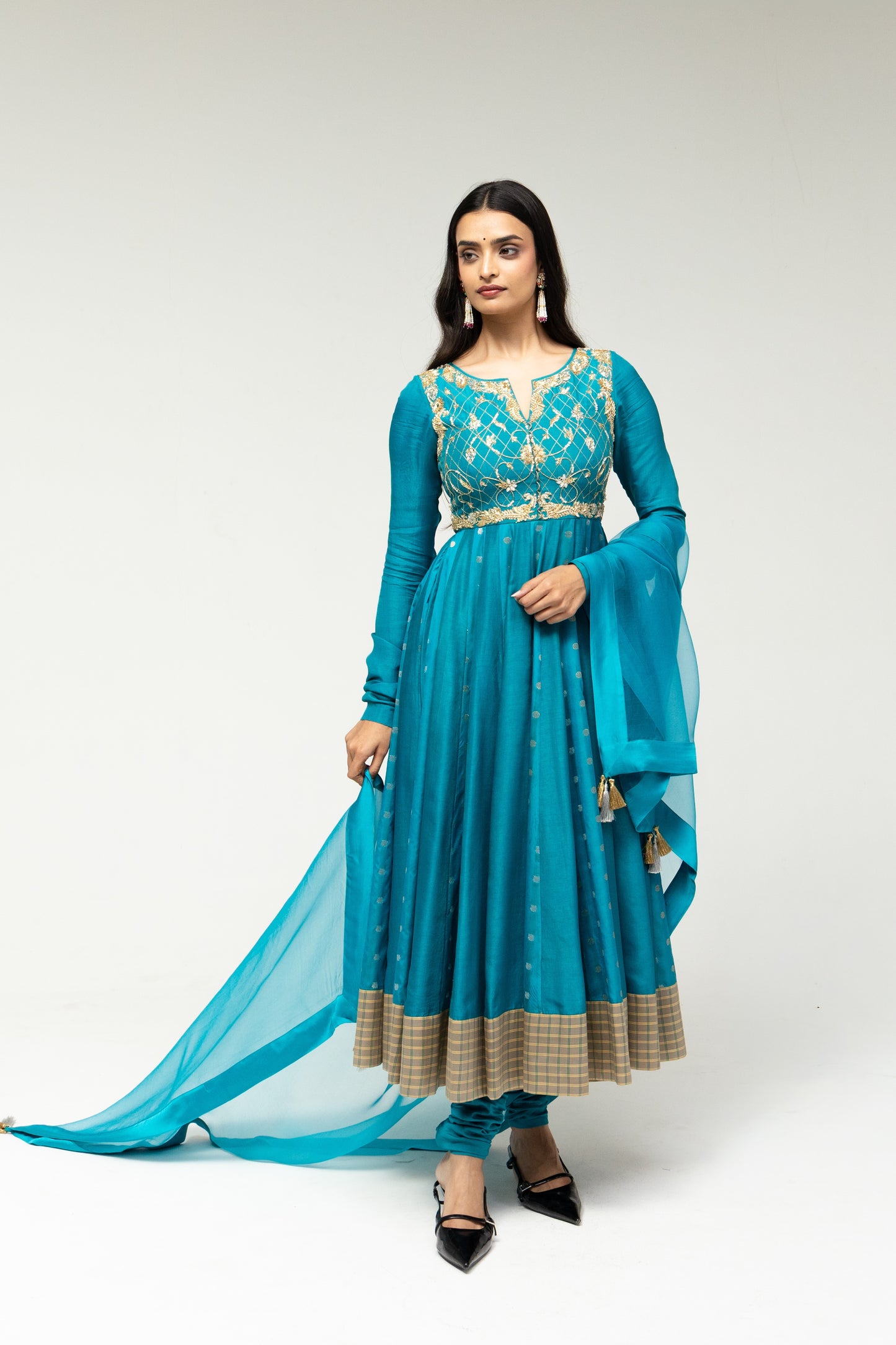 Roots Blue Brocade Kalidar Anarkali Set