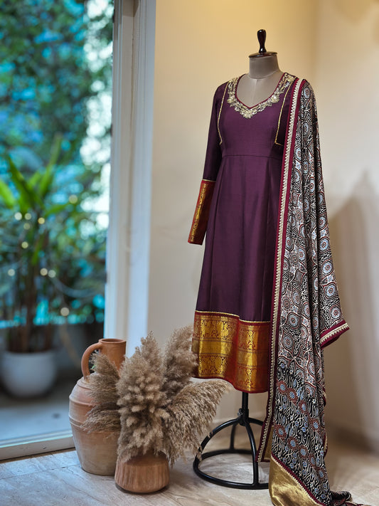 Brown Ajrakh detailed Kanchi Set