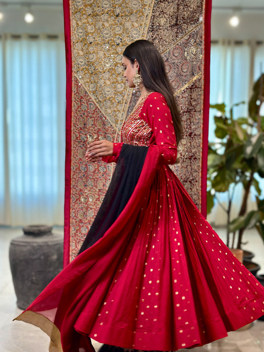 Handloom Zari Butta Anarkali with Nandi Kalamkari Sharara