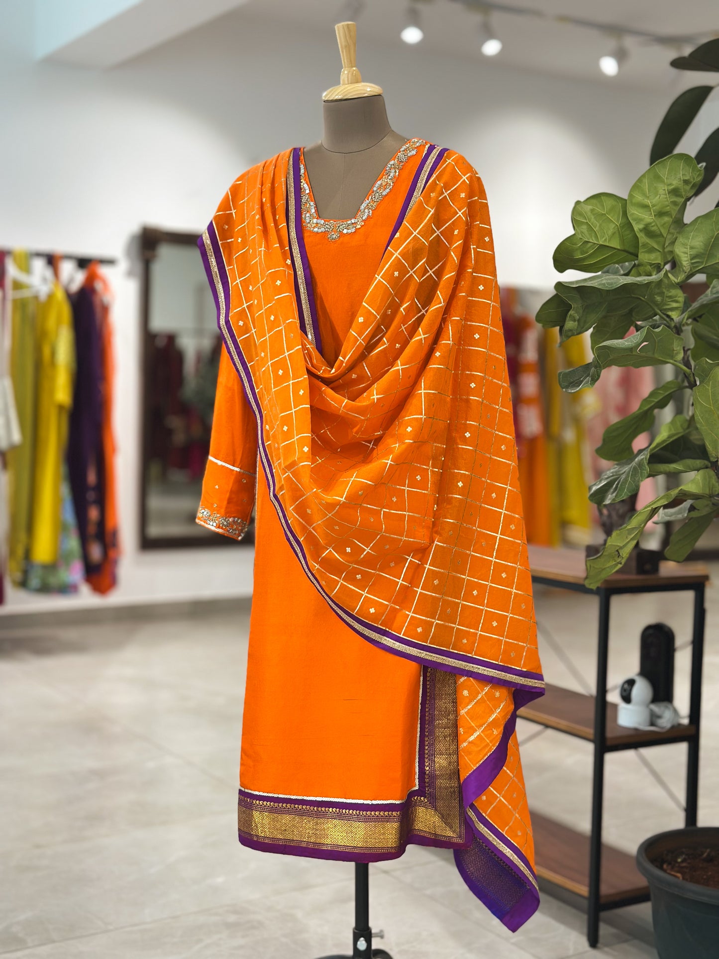 Orange Kanchi Suit with Butta Checkered Dupatta