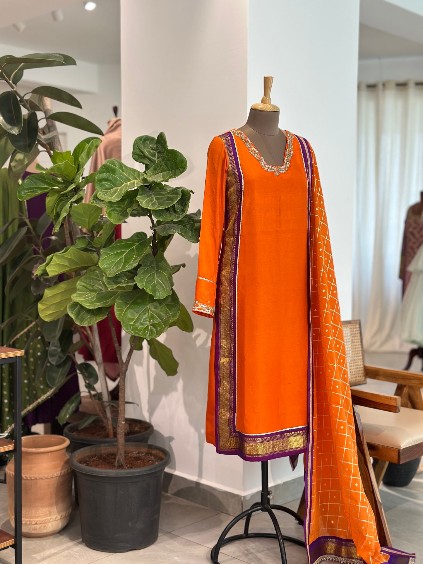 Orange Kanchi Suit with Butta Checkered Dupatta