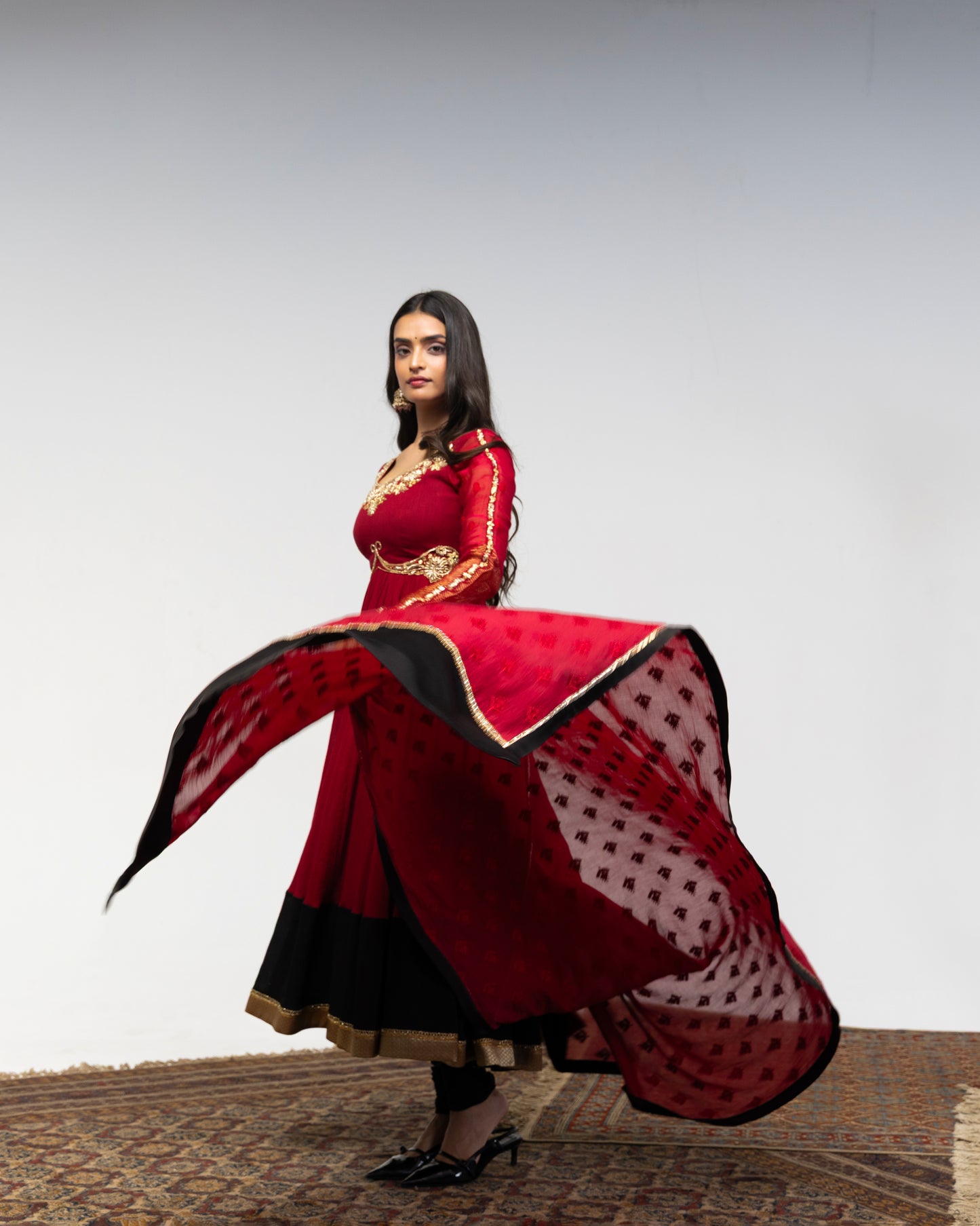 Roots Red with Black Border Anarkali Set