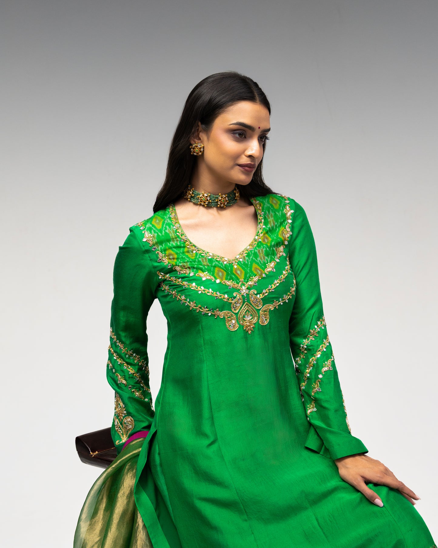 Roots Green Ikkat Silk Suit Set