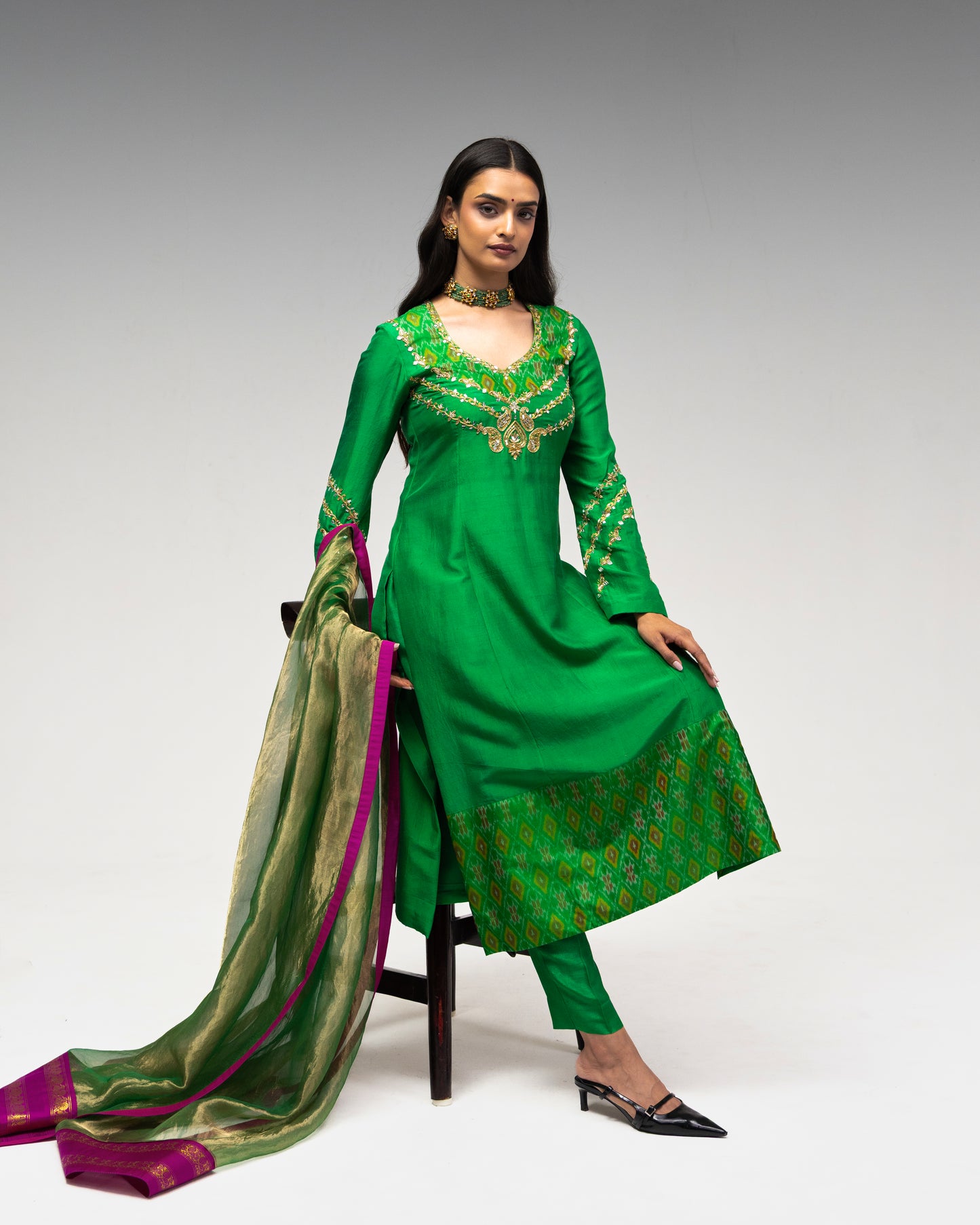 Roots Green Ikkat Silk Suit Set