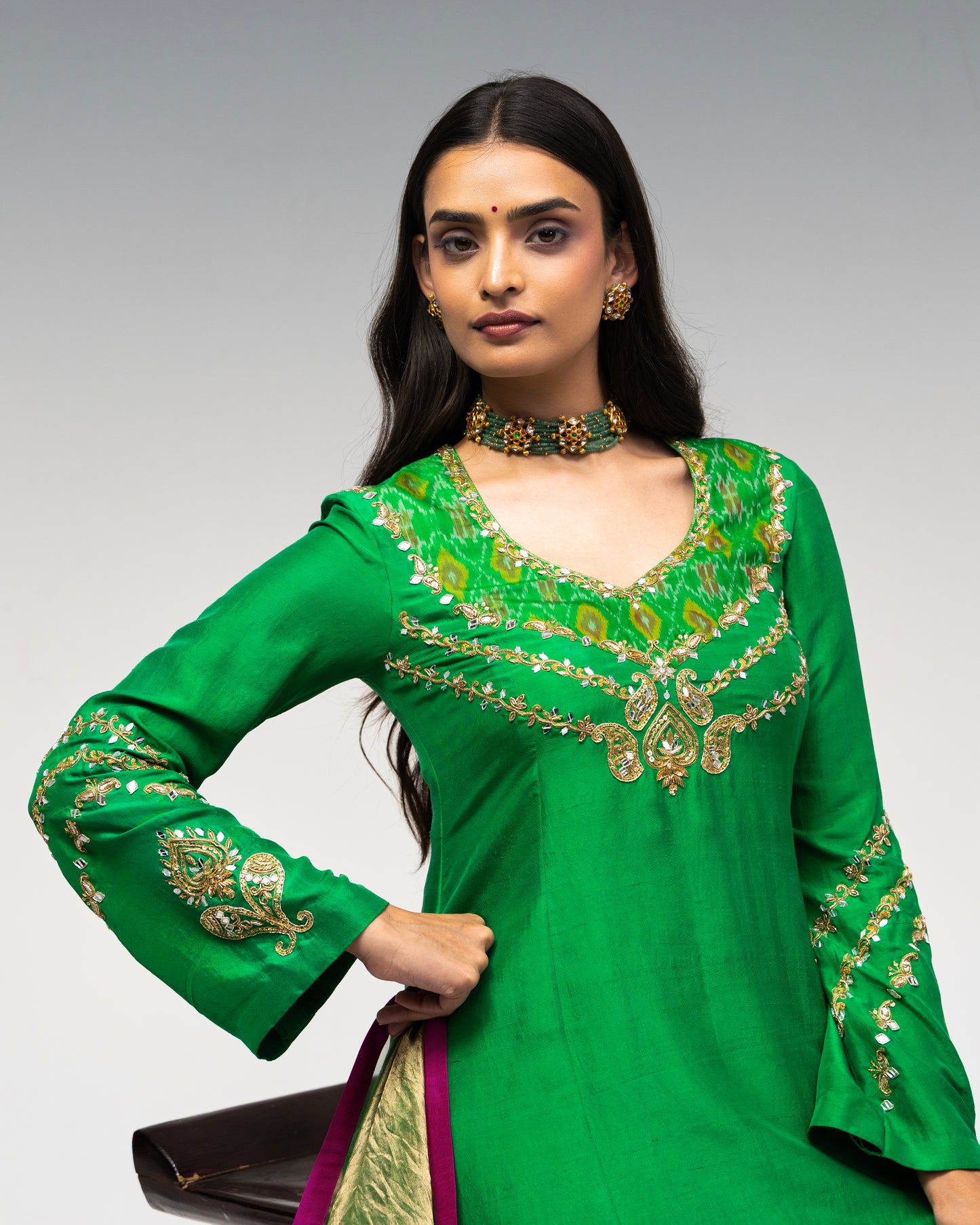 Roots Green Ikkat Silk Suit Set