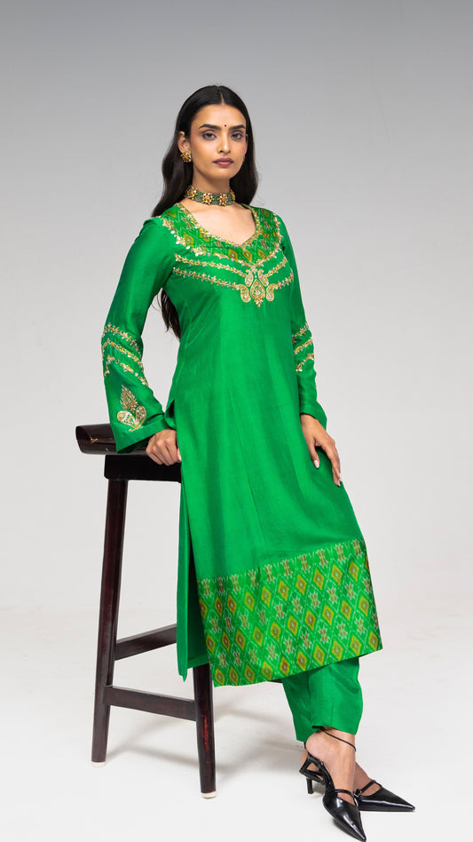 Roots Green Ikkat Silk Suit Set