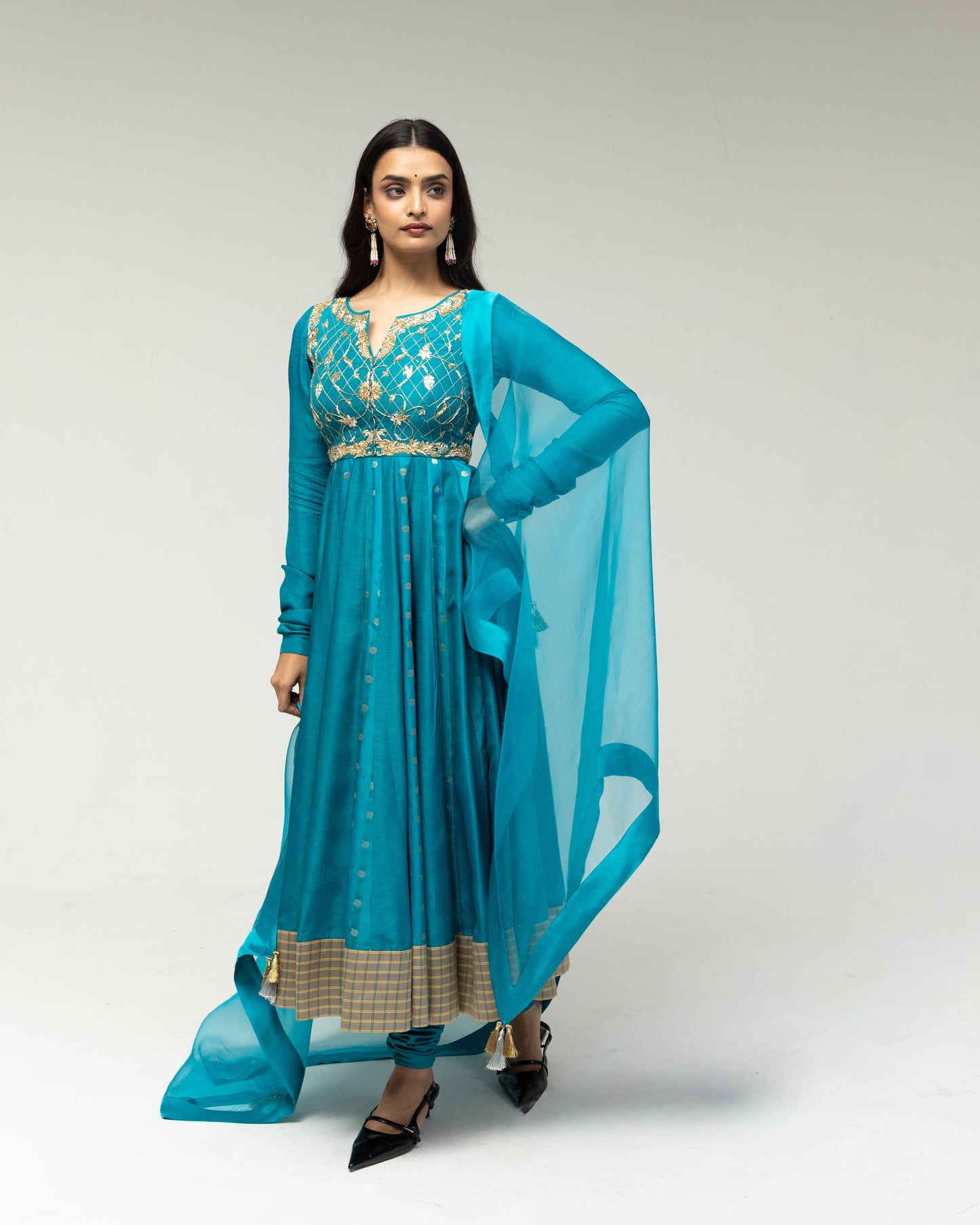 Roots Blue Brocade Kalidar Anarkali Set