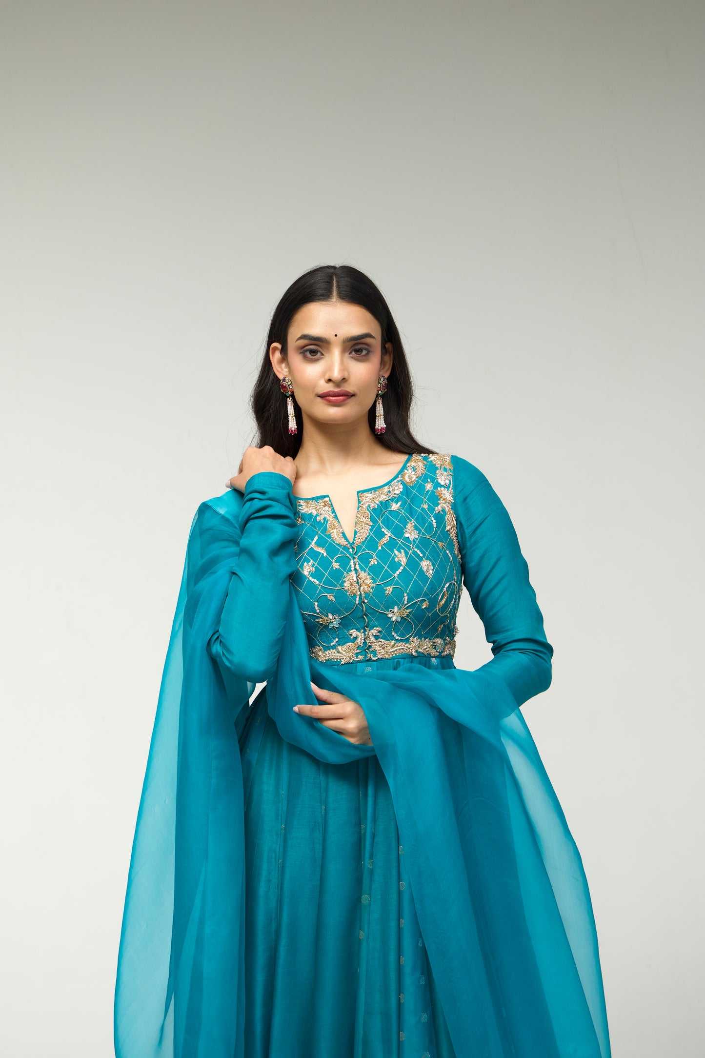 Roots Blue Brocade Kalidar Anarkali Set