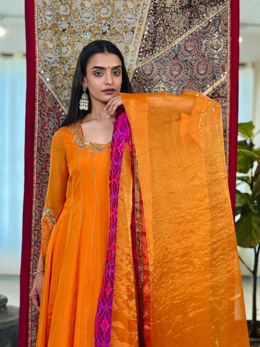 Orange Double Layered Anarkali with Handwoven Ikat