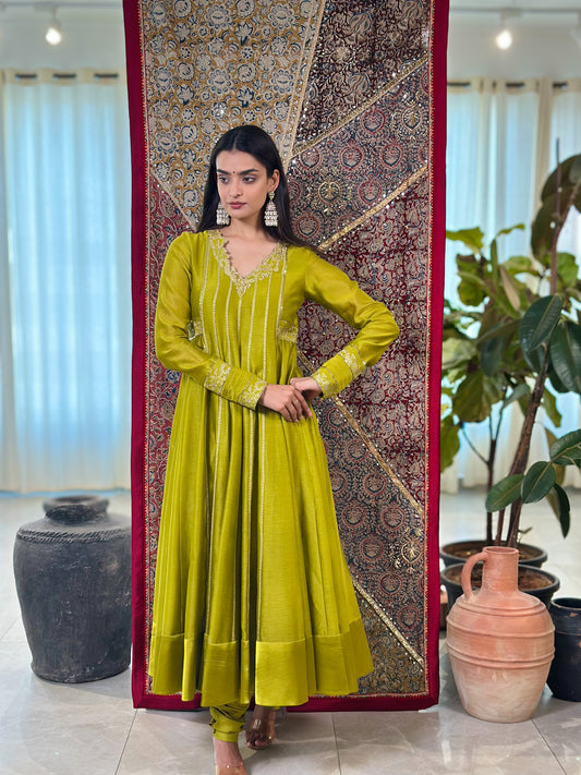 Leaf Green Anarkali with Bandhani Statement Dupatta