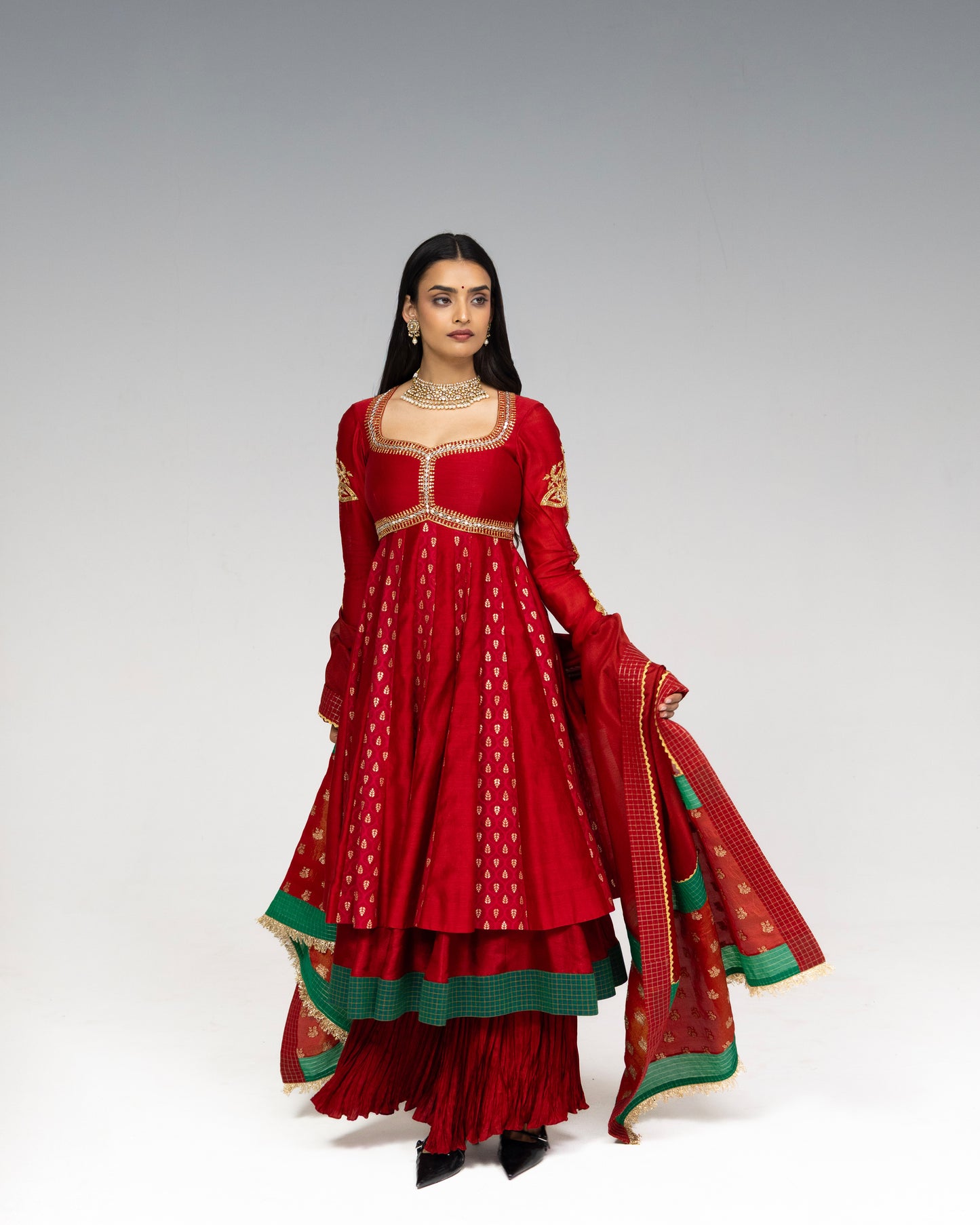 Roots Red Double Layered Anarkali Set