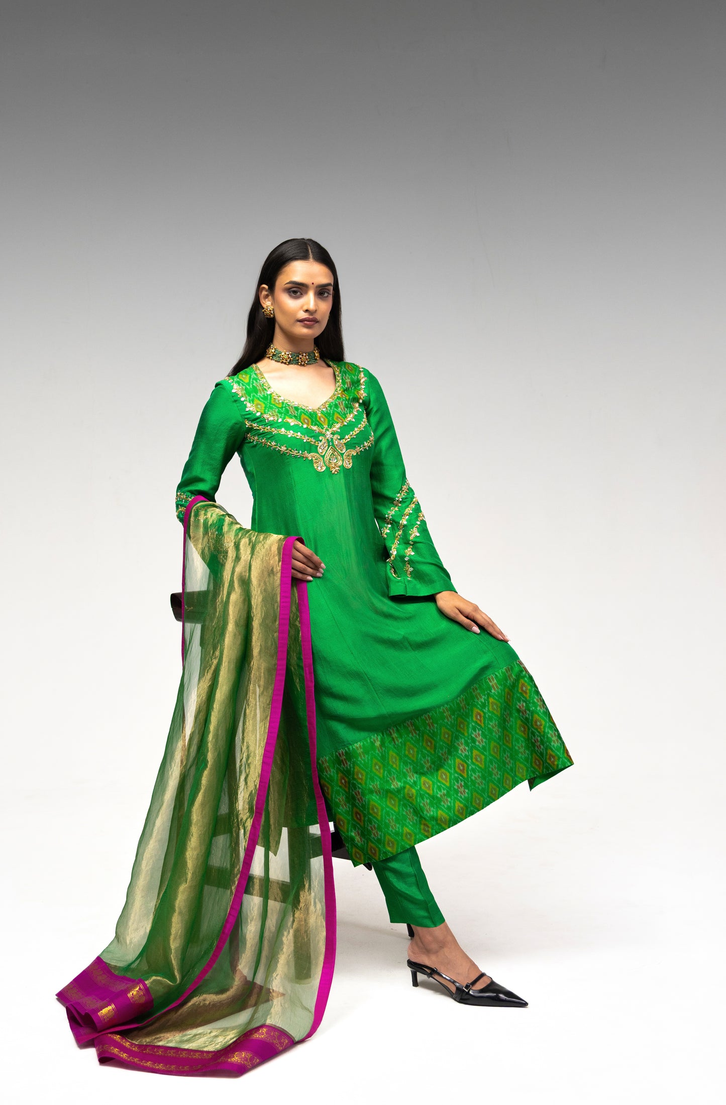 Roots Green Ikkat Silk Suit Set
