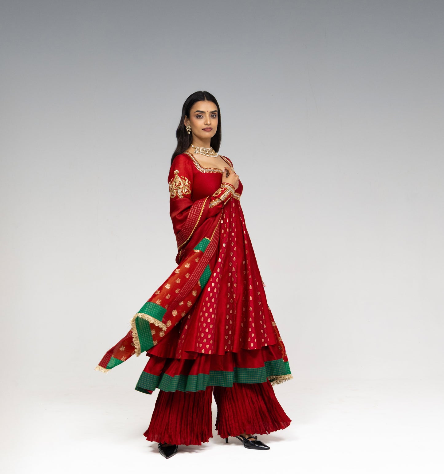Roots Red Double Layered Anarkali Set