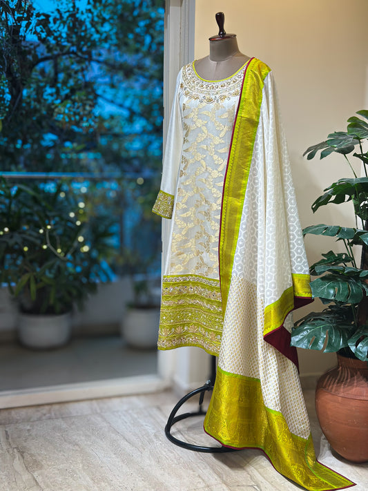 White n Green Brocade detailed Kanchi Set