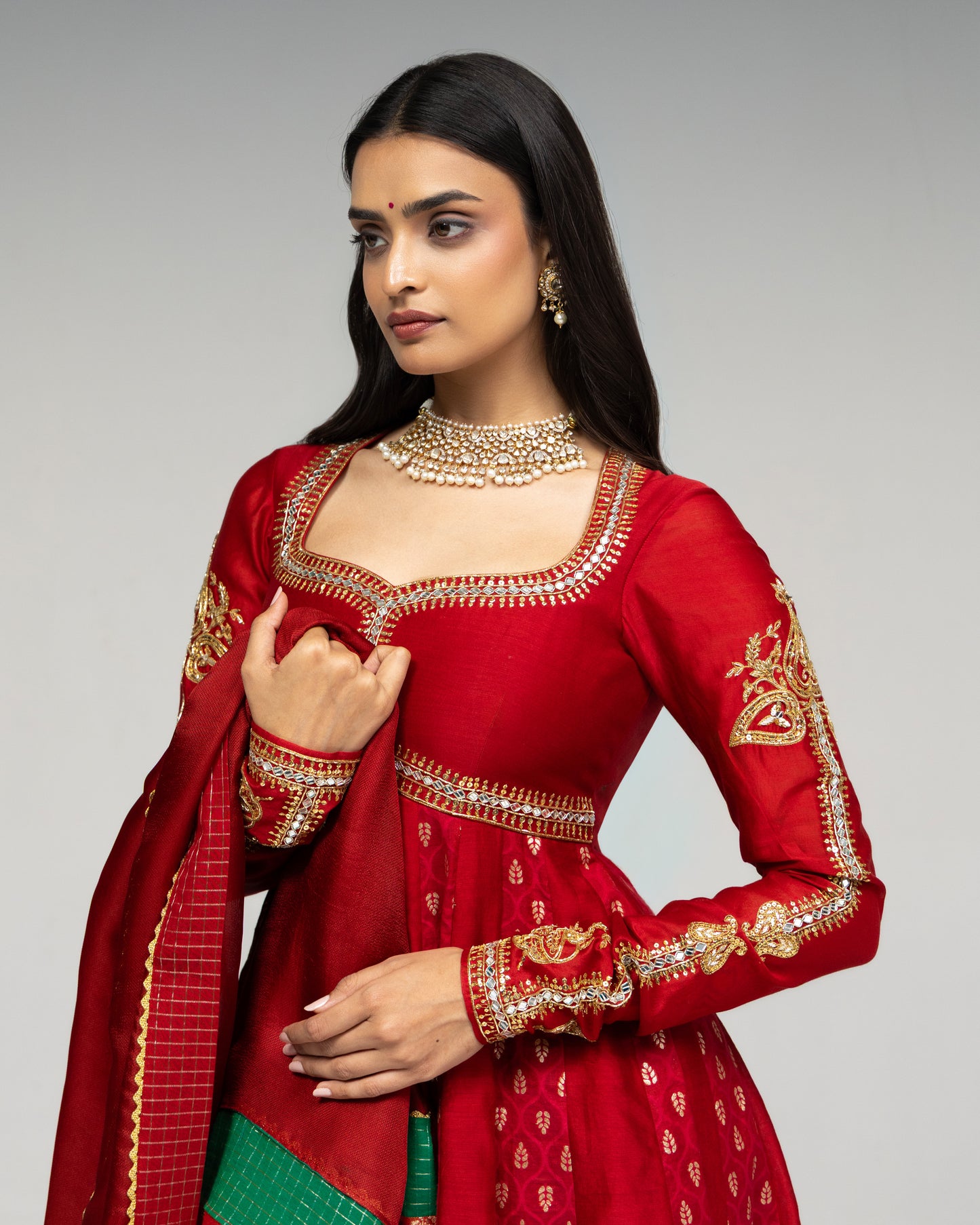 Roots Red Double Layered Anarkali Set