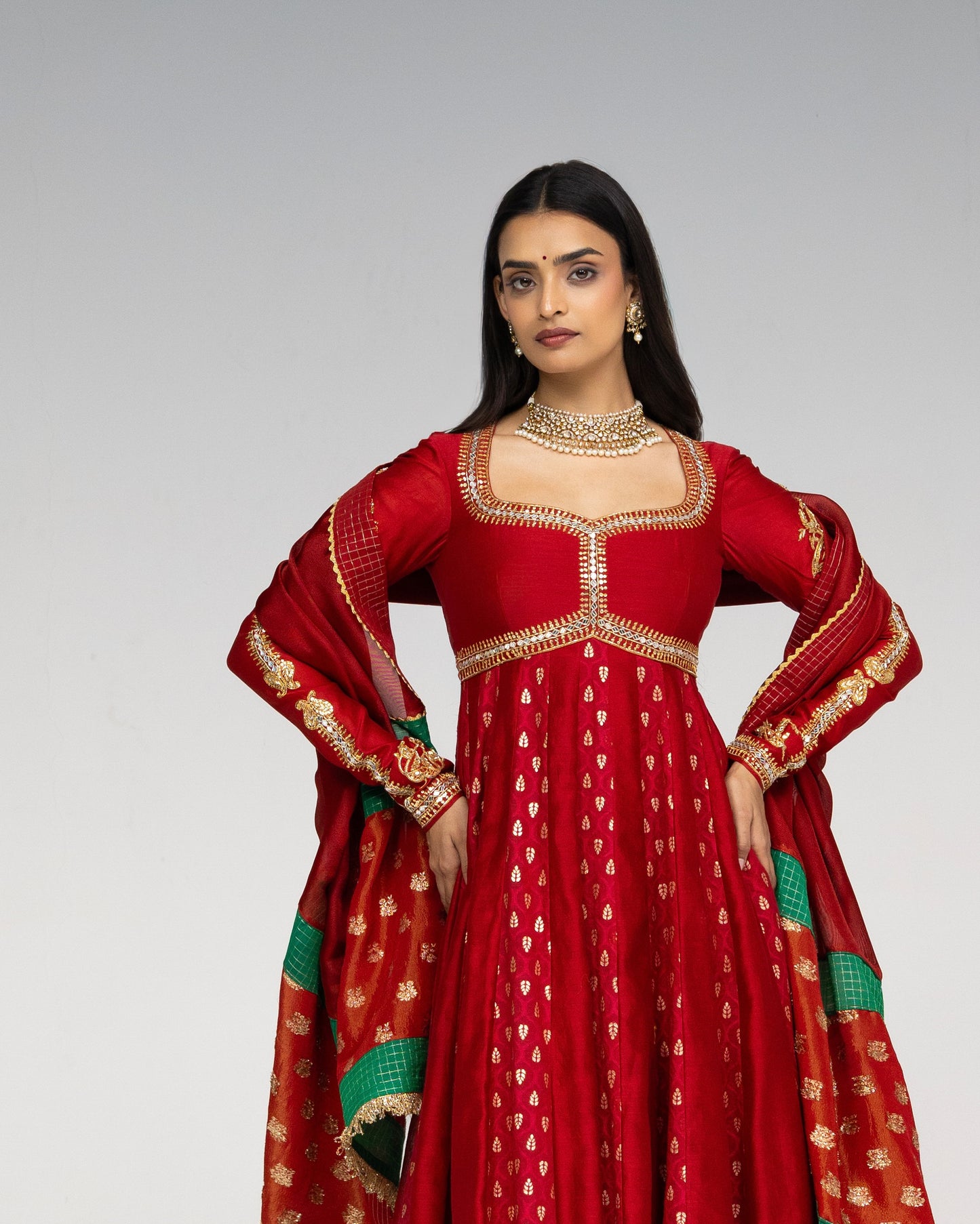 Roots Red Double Layered Anarkali Set